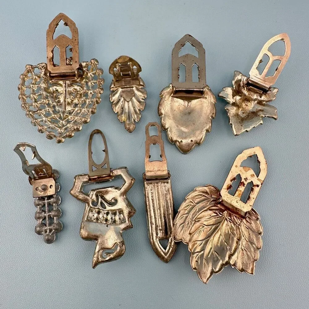 Vintage Rhinestone Dress Fur Clip Lot Silver Tone Art Deco Floral Some Pot Metal